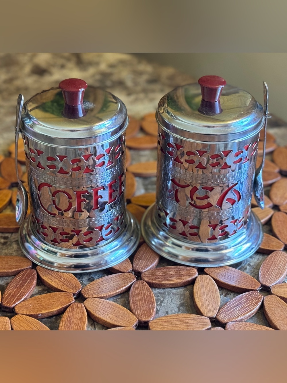 MCM Sheffield England Chrome Coffee & Tea Canister Set W/Spoons